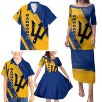 Barbados Trident and Coat of Arms Family Matching Puletasi and Hawaiian Shirt with Blue Yellow Patriotic Graphic - Wonder Print Shop