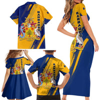 Barbados Trident and Coat of Arms Family Matching Short Sleeve Bodycon Dress and Hawaiian Shirt with Blue Yellow Patriotic Graphic - Wonder Print Shop