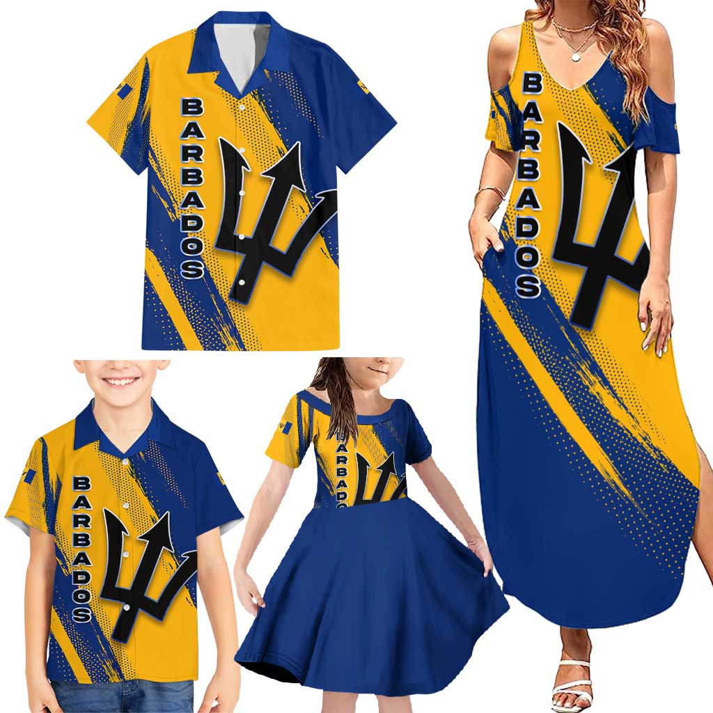 Barbados Trident and Coat of Arms Family Matching Summer Maxi Dress and Hawaiian Shirt with Blue Yellow Patriotic Graphic - Wonder Print Shop