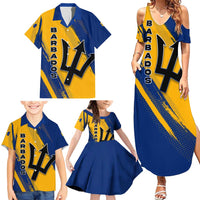 Barbados Trident and Coat of Arms Family Matching Summer Maxi Dress and Hawaiian Shirt with Blue Yellow Patriotic Graphic - Wonder Print Shop