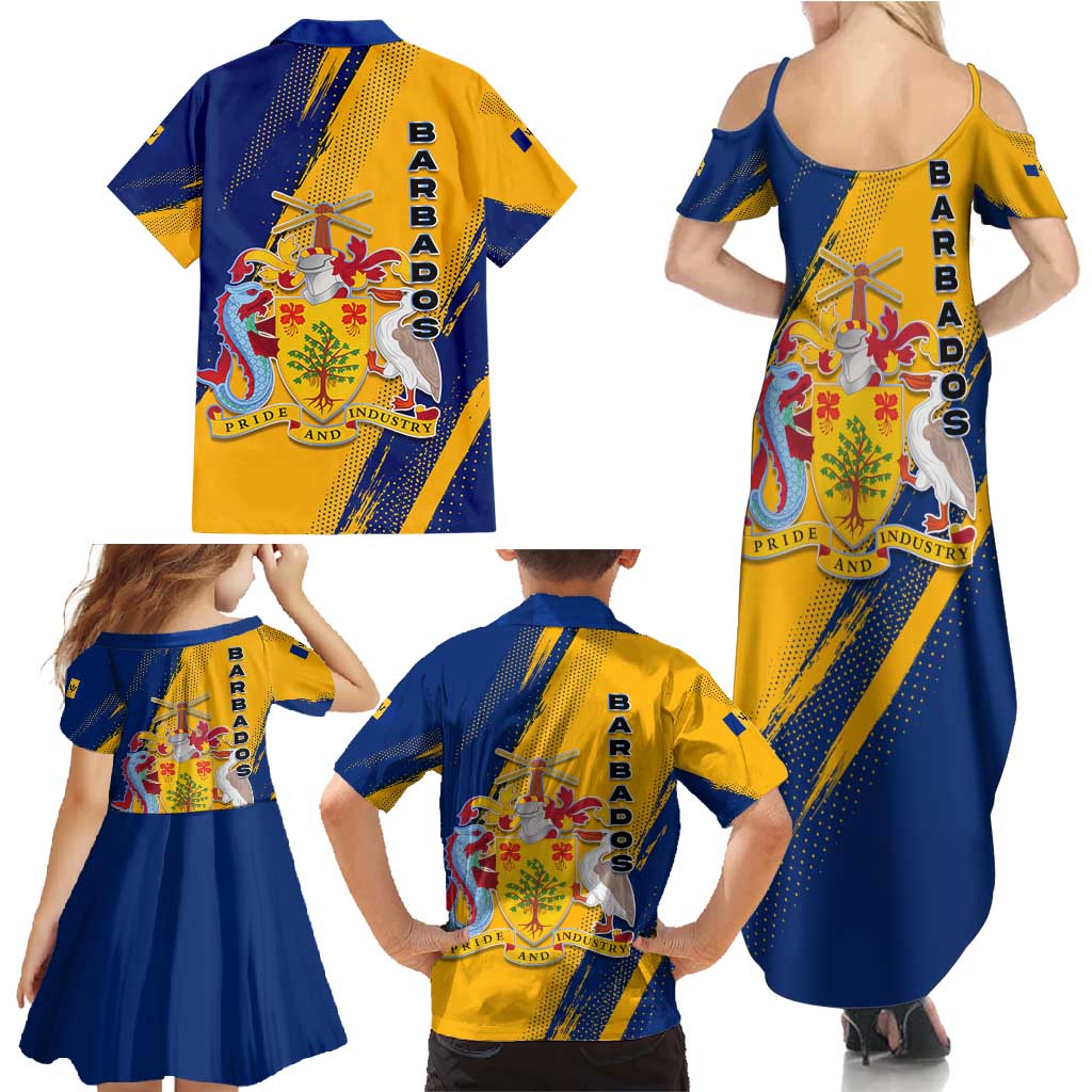 Barbados Trident and Coat of Arms Family Matching Summer Maxi Dress and Hawaiian Shirt with Blue Yellow Patriotic Graphic - Wonder Print Shop