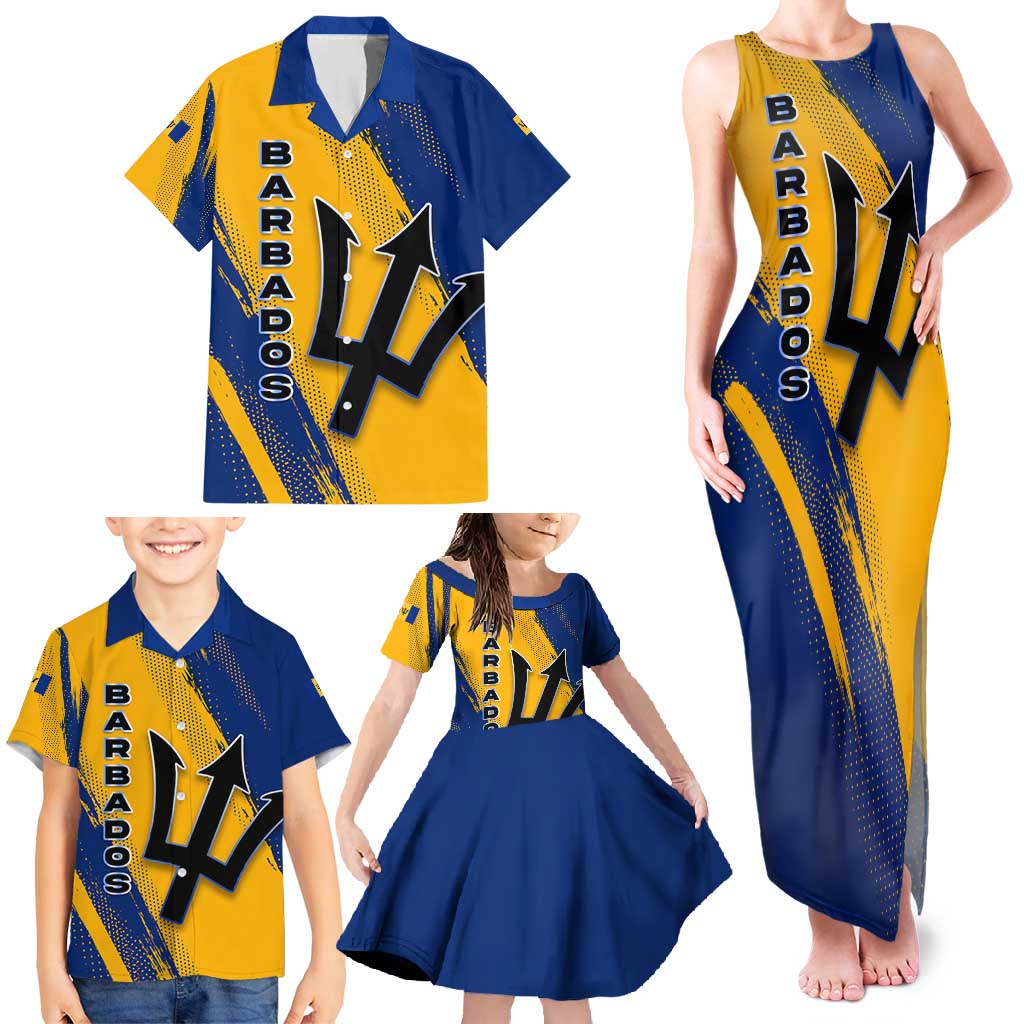 Barbados Trident and Coat of Arms Family Matching Tank Maxi Dress and Hawaiian Shirt with Blue Yellow Patriotic Graphic - Wonder Print Shop