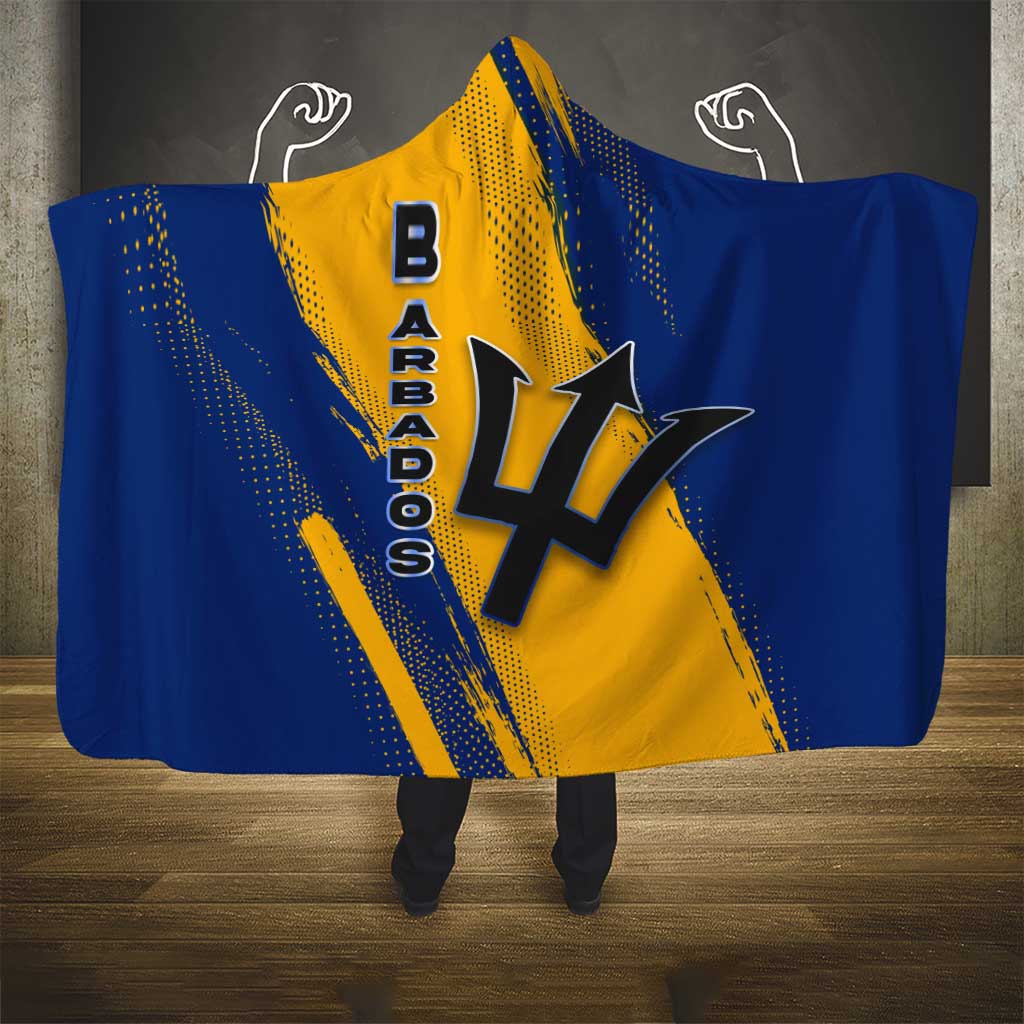 Barbados Trident and Coat of Arms Hooded Blanket with Blue Yellow Patriotic Graphic - Wonder Print Shop