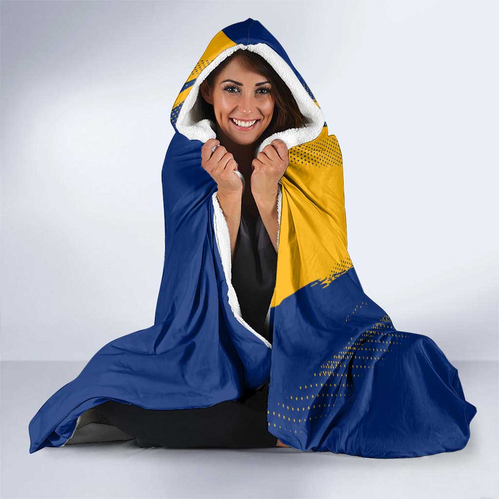 Barbados Trident and Coat of Arms Hooded Blanket with Blue Yellow Patriotic Graphic - Wonder Print Shop