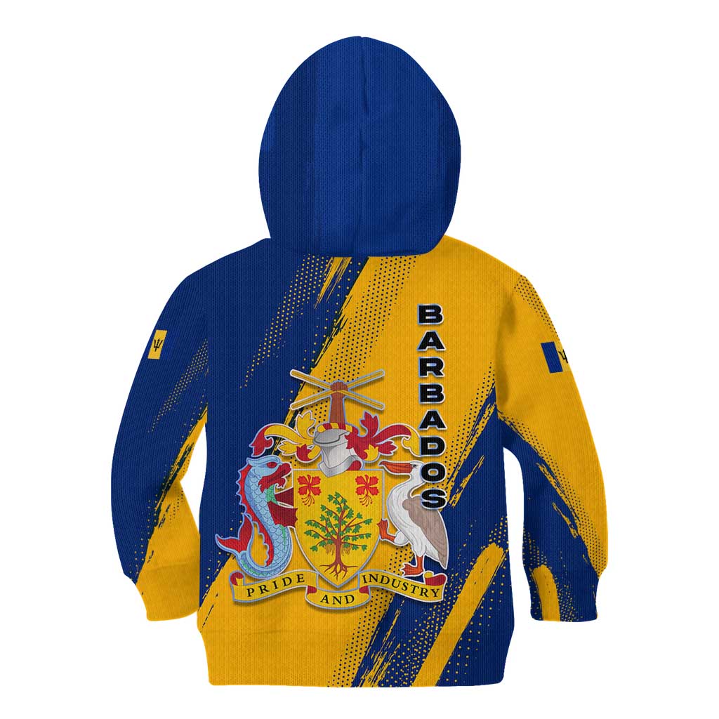 Barbados Trident and Coat of Arms Kid Hoodie with Blue Yellow Patriotic Graphic - Wonder Print Shop
