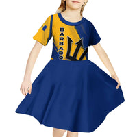 Barbados Trident and Coat of Arms Kid Short Sleeve Dress with Blue Yellow Patriotic Graphic - Wonder Print Shop