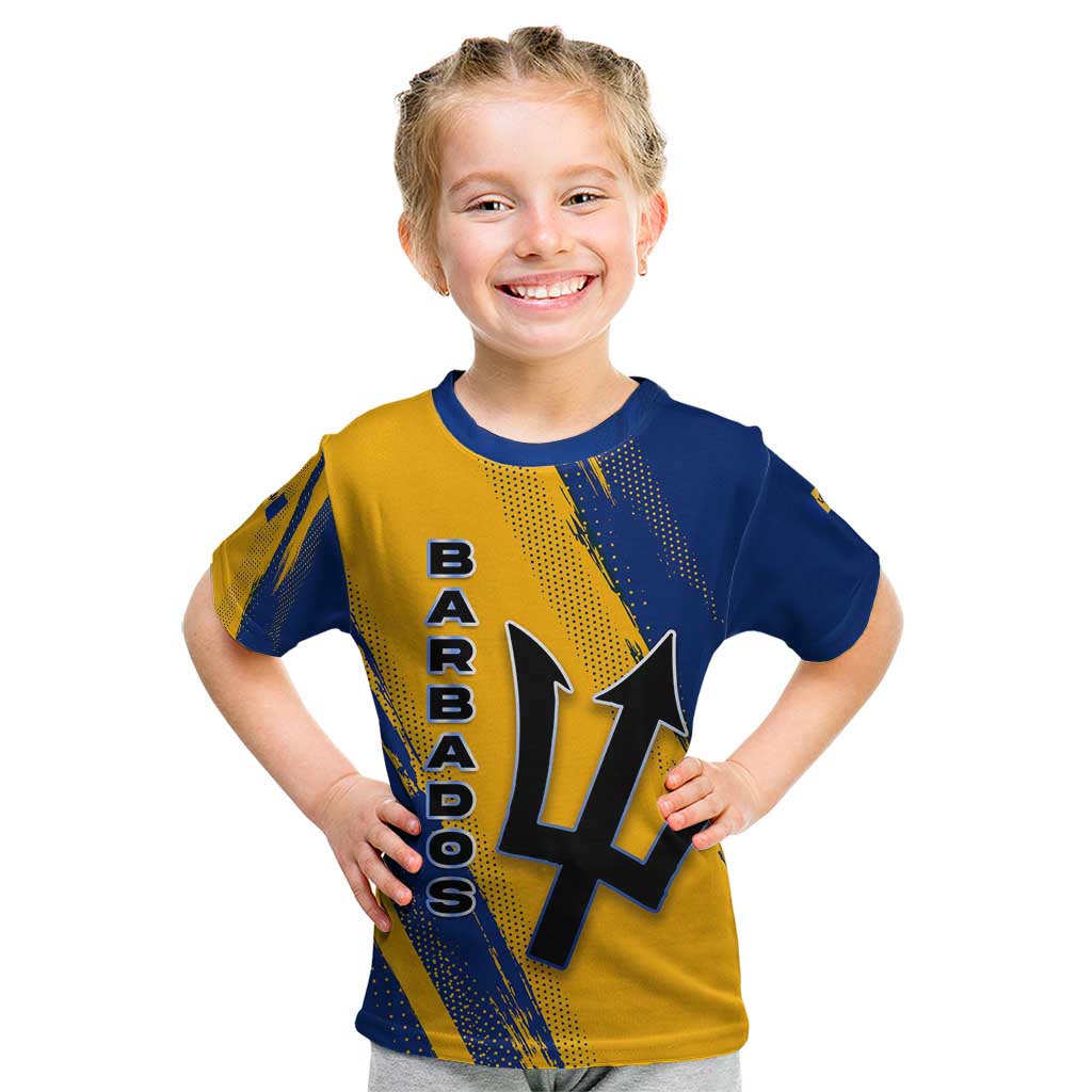 Barbados Trident and Coat of Arms Kid T Shirt with Blue Yellow Patriotic Graphic - Wonder Print Shop