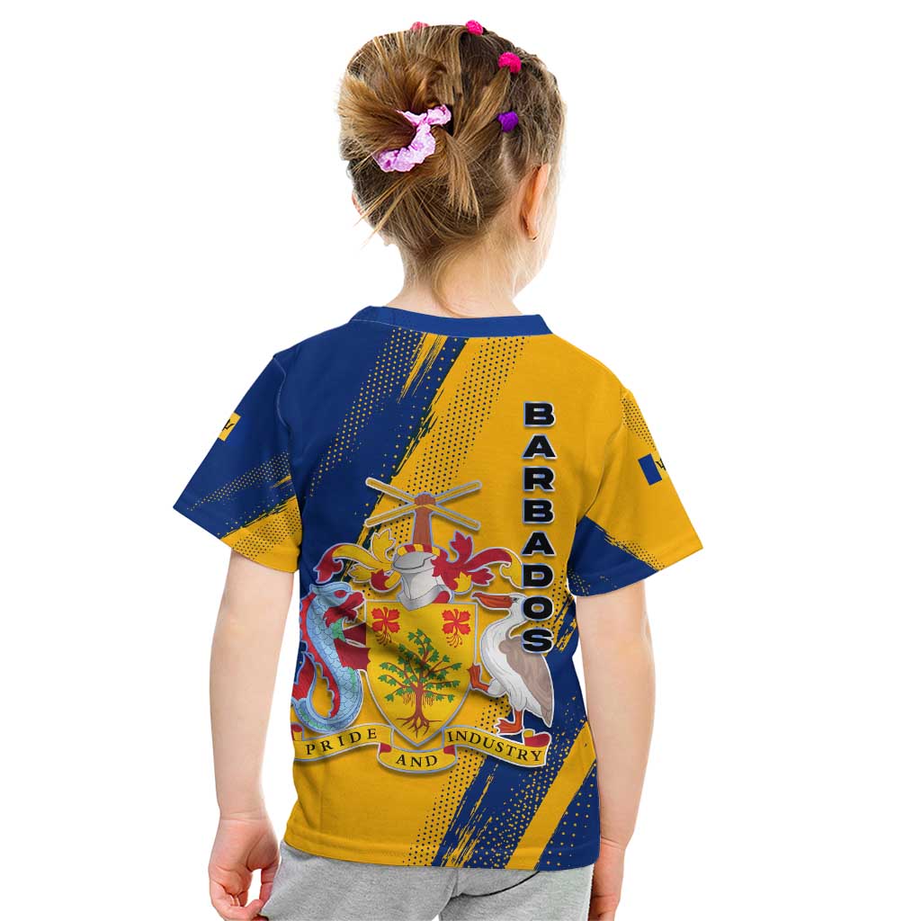 Barbados Trident and Coat of Arms Kid T Shirt with Blue Yellow Patriotic Graphic - Wonder Print Shop