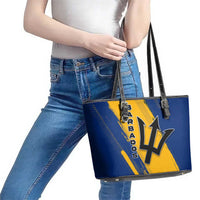 Barbados Trident and Coat of Arms Leather Tote Bag with Blue Yellow Patriotic Graphic - Wonder Print Shop