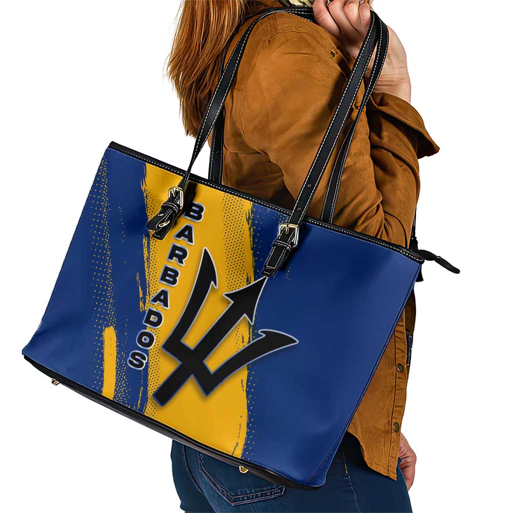 Barbados Trident and Coat of Arms Leather Tote Bag with Blue Yellow Patriotic Graphic - Wonder Print Shop