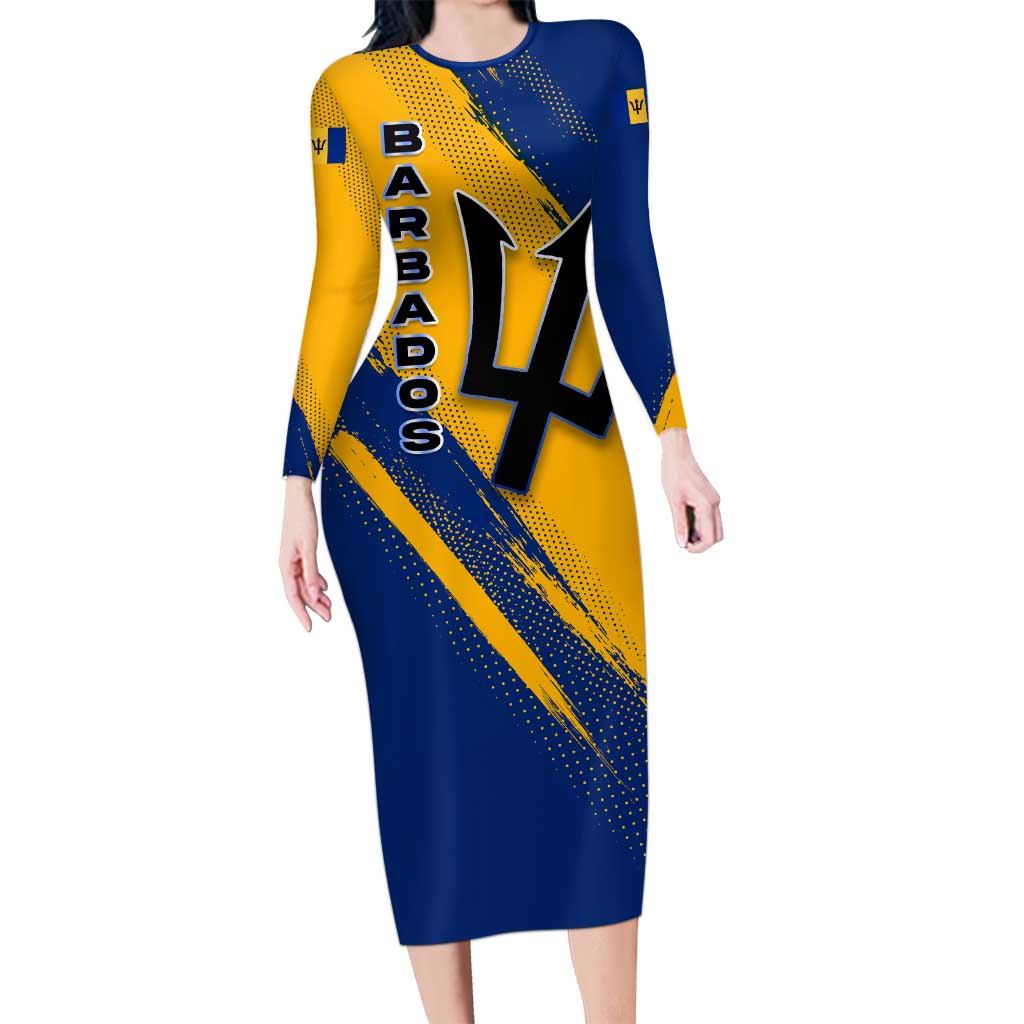 Barbados Trident and Coat of Arms Long Sleeve Bodycon Dress with Blue Yellow Patriotic Graphic - Wonder Print Shop