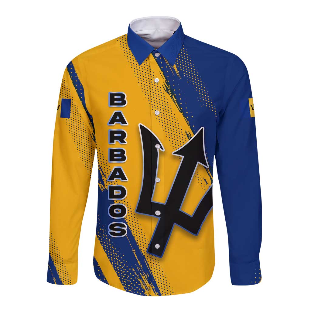 Barbados Trident and Coat of Arms Long Sleeve Button Shirt with Blue Yellow Patriotic Graphic - Wonder Print Shop