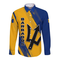 Barbados Trident and Coat of Arms Long Sleeve Button Shirt with Blue Yellow Patriotic Graphic - Wonder Print Shop