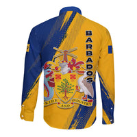 Barbados Trident and Coat of Arms Long Sleeve Button Shirt with Blue Yellow Patriotic Graphic - Wonder Print Shop