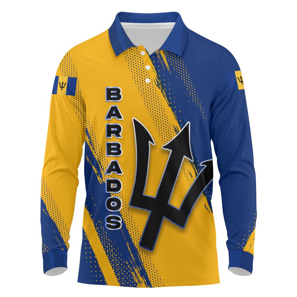 Barbados Trident and Coat of Arms Long Sleeve Polo Shirt with Blue Yellow Patriotic Graphic - Wonder Print Shop