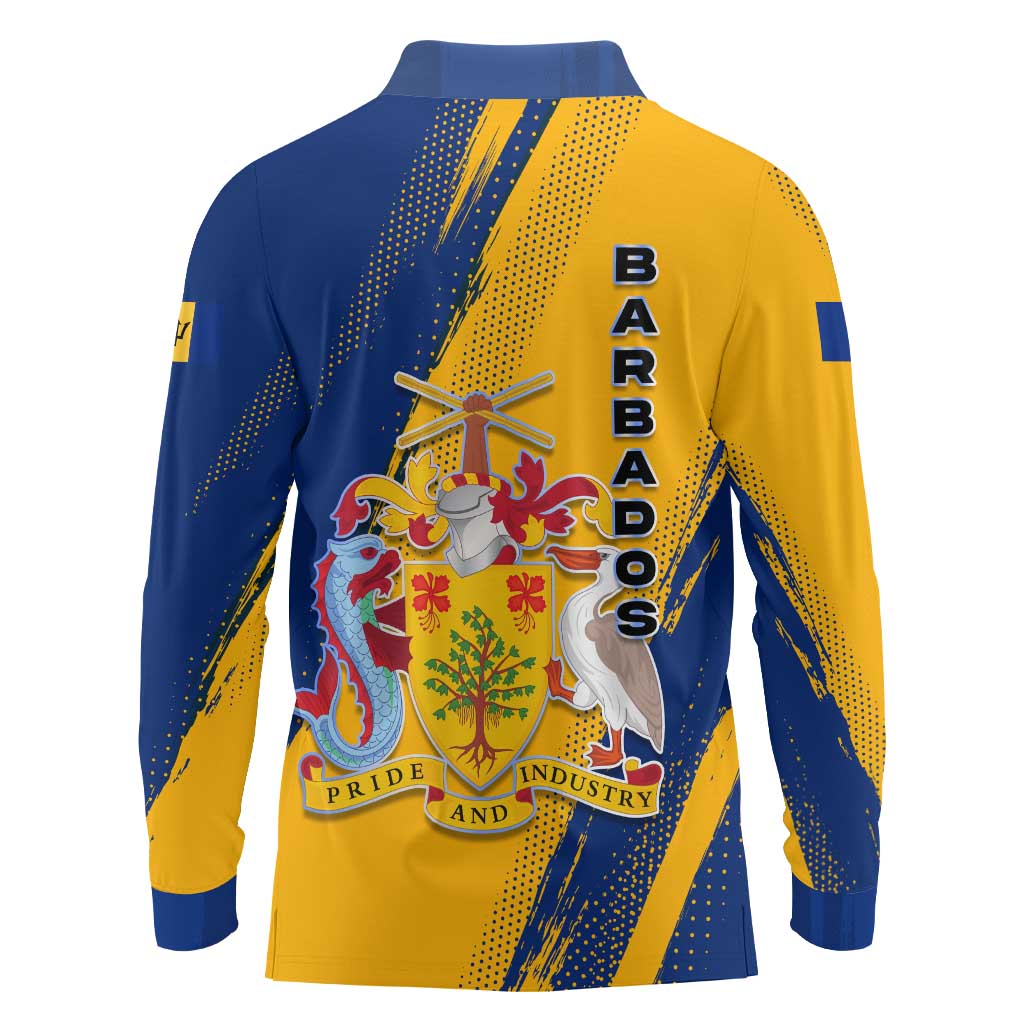 Barbados Trident and Coat of Arms Long Sleeve Polo Shirt with Blue Yellow Patriotic Graphic - Wonder Print Shop