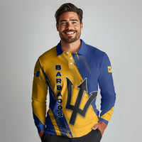 Barbados Trident and Coat of Arms Long Sleeve Polo Shirt with Blue Yellow Patriotic Graphic - Wonder Print Shop