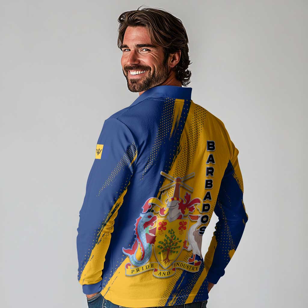 Barbados Trident and Coat of Arms Long Sleeve Polo Shirt with Blue Yellow Patriotic Graphic - Wonder Print Shop