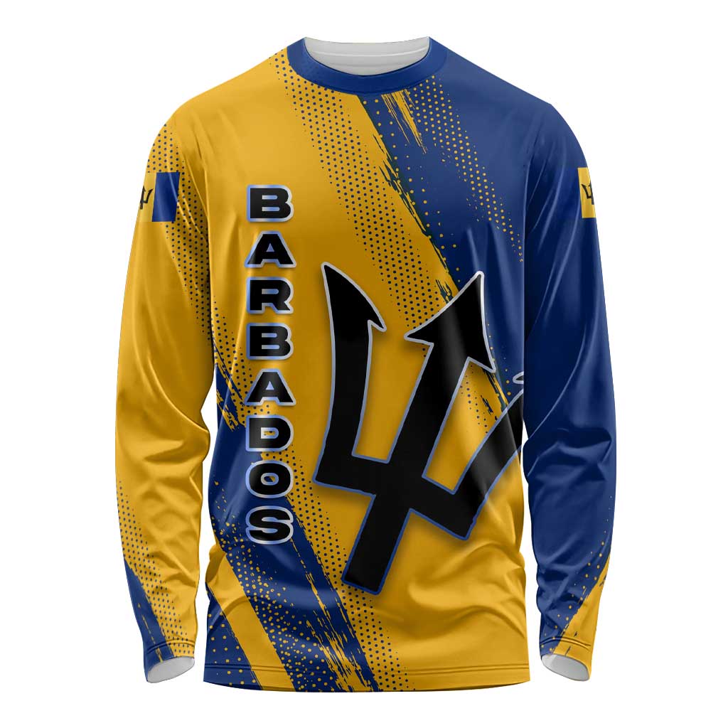 Barbados Trident and Coat of Arms Long Sleeve Shirt with Blue Yellow Patriotic Graphic - Wonder Print Shop