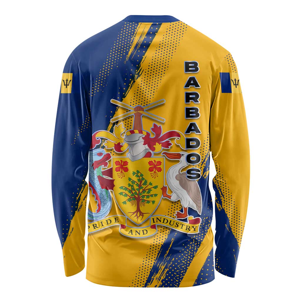 Barbados Trident and Coat of Arms Long Sleeve Shirt with Blue Yellow Patriotic Graphic - Wonder Print Shop