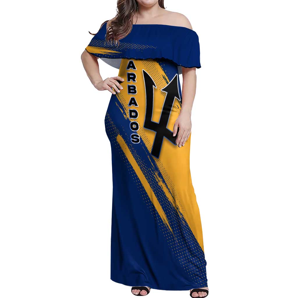 Barbados Trident and Coat of Arms Off Shoulder Maxi Dress with Blue Yellow Patriotic Graphic - Wonder Print Shop