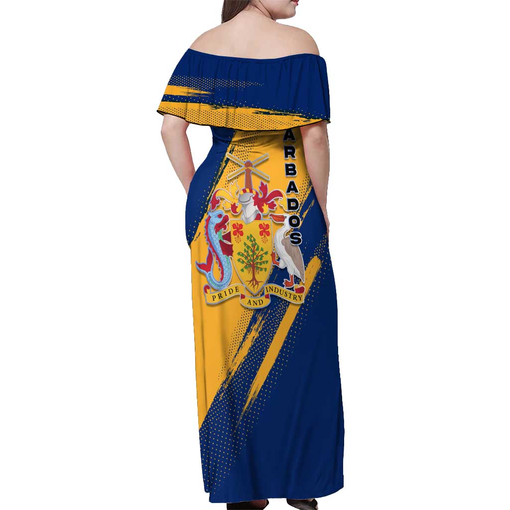 Barbados Trident and Coat of Arms Off Shoulder Maxi Dress with Blue Yellow Patriotic Graphic - Wonder Print Shop
