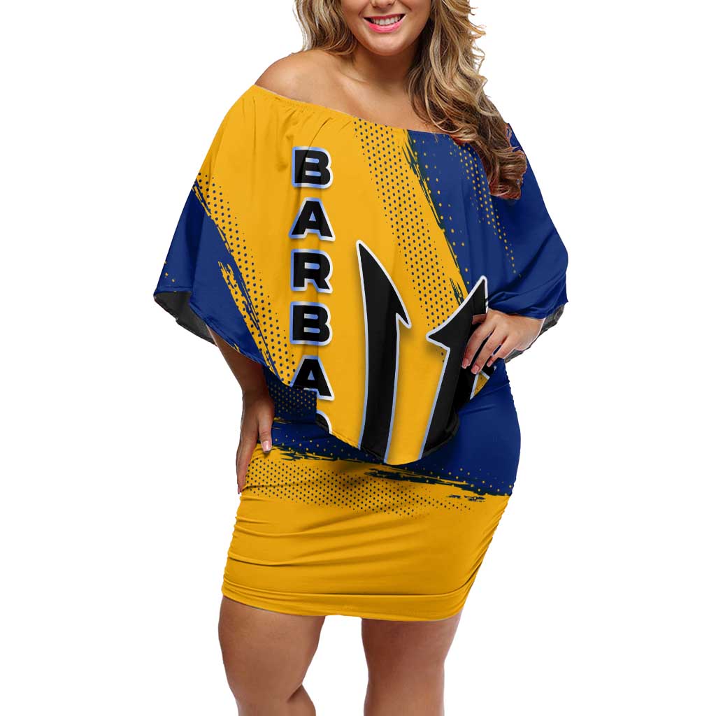 Barbados Trident and Coat of Arms Off Shoulder Short Dress with Blue Yellow Patriotic Graphic - Wonder Print Shop