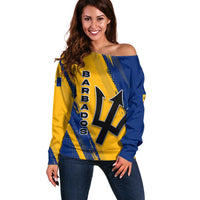 Barbados Trident and Coat of Arms Off Shoulder Sweater with Blue Yellow Patriotic Graphic - Wonder Print Shop