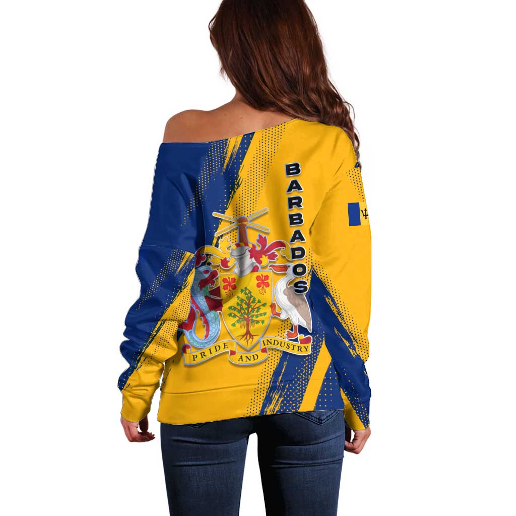 Barbados Trident and Coat of Arms Off Shoulder Sweater with Blue Yellow Patriotic Graphic - Wonder Print Shop