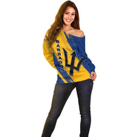 Barbados Trident and Coat of Arms Off Shoulder Sweater with Blue Yellow Patriotic Graphic - Wonder Print Shop