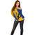 Barbados Trident and Coat of Arms Off Shoulder Sweater with Blue Yellow Patriotic Graphic - Wonder Print Shop