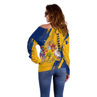 Barbados Trident and Coat of Arms Off Shoulder Sweater with Blue Yellow Patriotic Graphic - Wonder Print Shop