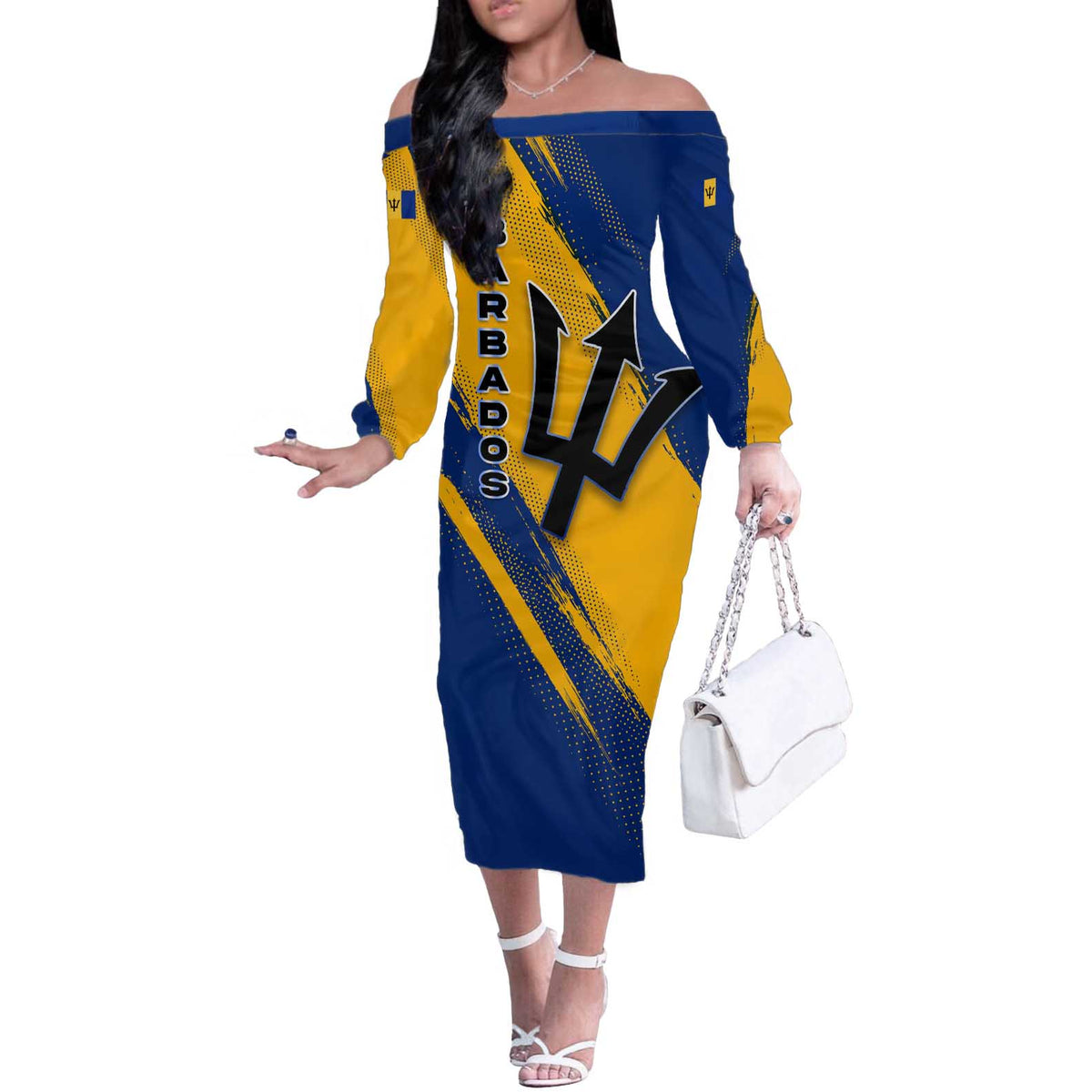 Barbados Trident and Coat of Arms Off The Shoulder Long Sleeve Dress with Blue Yellow Patriotic Graphic - Wonder Print Shop