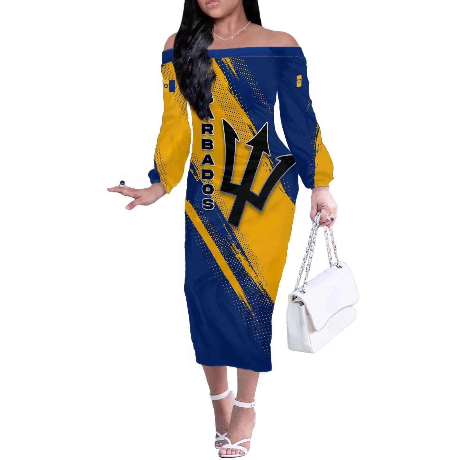 Barbados Trident and Coat of Arms Off The Shoulder Long Sleeve Dress with Blue Yellow Patriotic Graphic - Wonder Print Shop