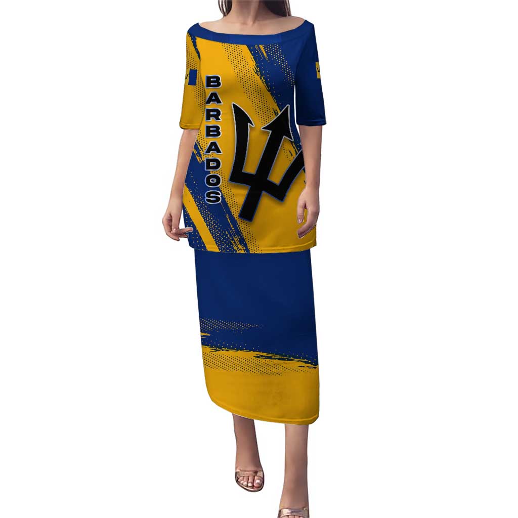 Barbados Trident and Coat of Arms Puletasi with Blue Yellow Patriotic Graphic - Wonder Print Shop