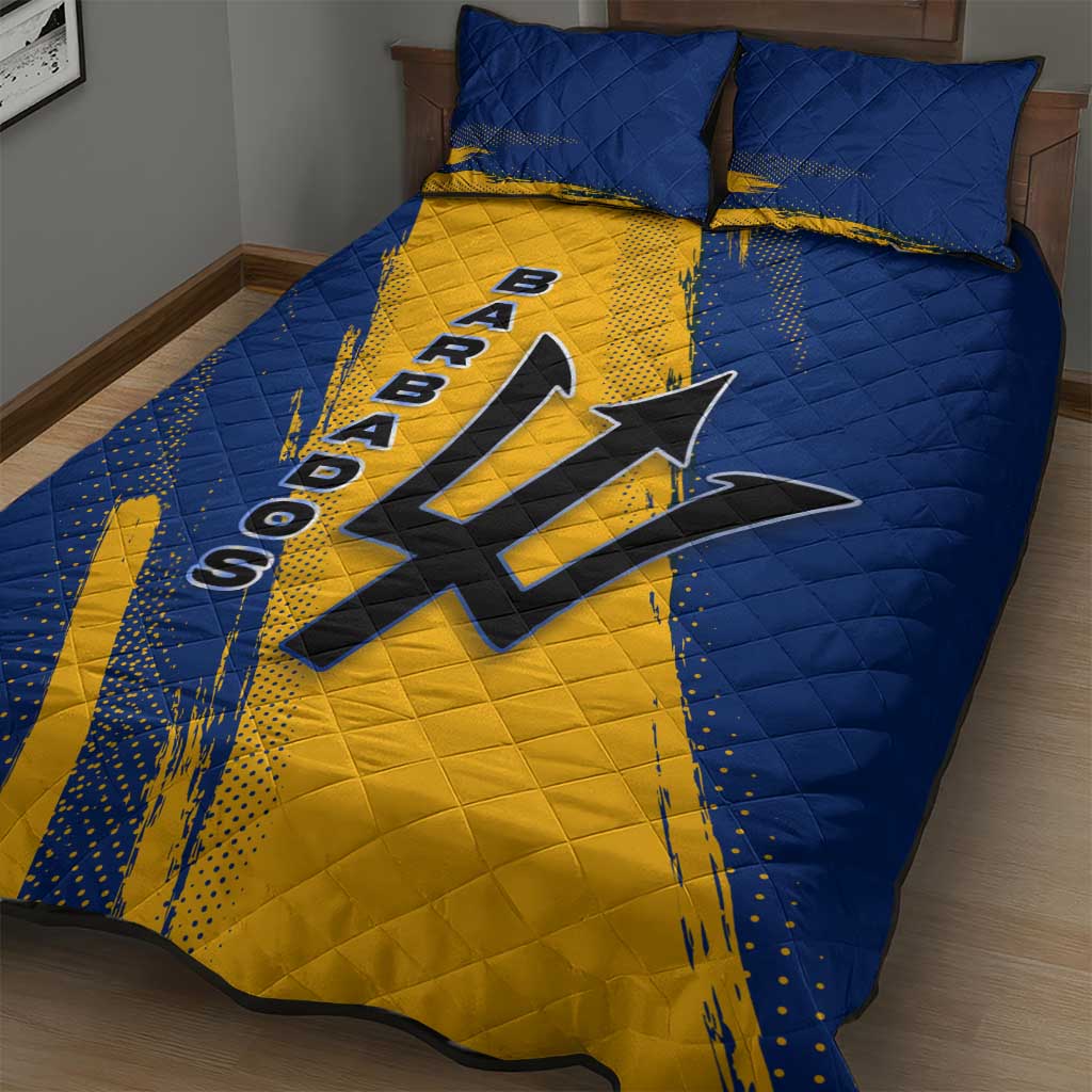 Barbados Trident and Coat of Arms Quilt Bed Set with Blue Yellow Patriotic Graphic - Wonder Print Shop