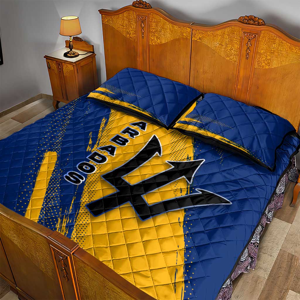 Barbados Trident and Coat of Arms Quilt Bed Set with Blue Yellow Patriotic Graphic - Wonder Print Shop