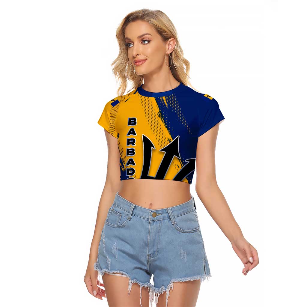 Barbados Trident and Coat of Arms Raglan Cropped T Shirt with Blue Yellow Patriotic Graphic - Wonder Print Shop