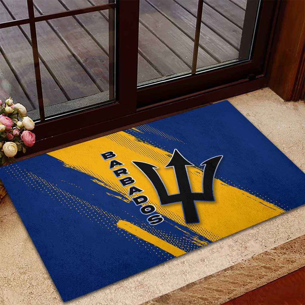 Barbados Trident and Coat of Arms Rubber Doormat with Blue Yellow Patriotic Graphic - Wonder Print Shop