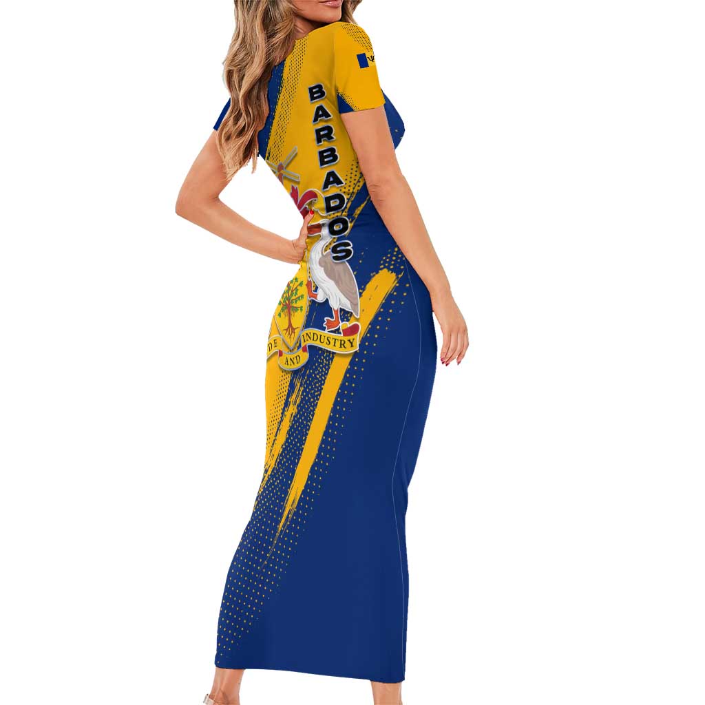 Barbados Trident and Coat of Arms Short Sleeve Bodycon Dress with Blue Yellow Patriotic Graphic - Wonder Print Shop