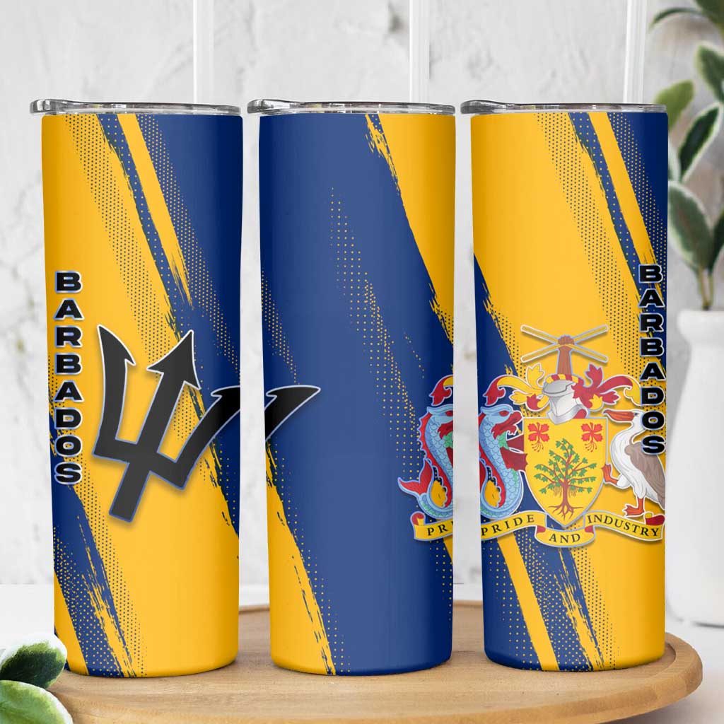 Barbados Trident and Coat of Arms Skinny Tumbler with Blue Yellow Patriotic Graphic - Wonder Print Shop