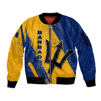Barbados Trident and Coat of Arms Sleeve Zip Bomber Jacket with Blue Yellow Patriotic Graphic - Wonder Print Shop