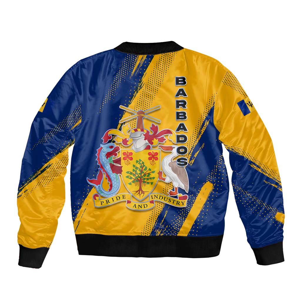 Barbados Trident and Coat of Arms Sleeve Zip Bomber Jacket with Blue Yellow Patriotic Graphic - Wonder Print Shop