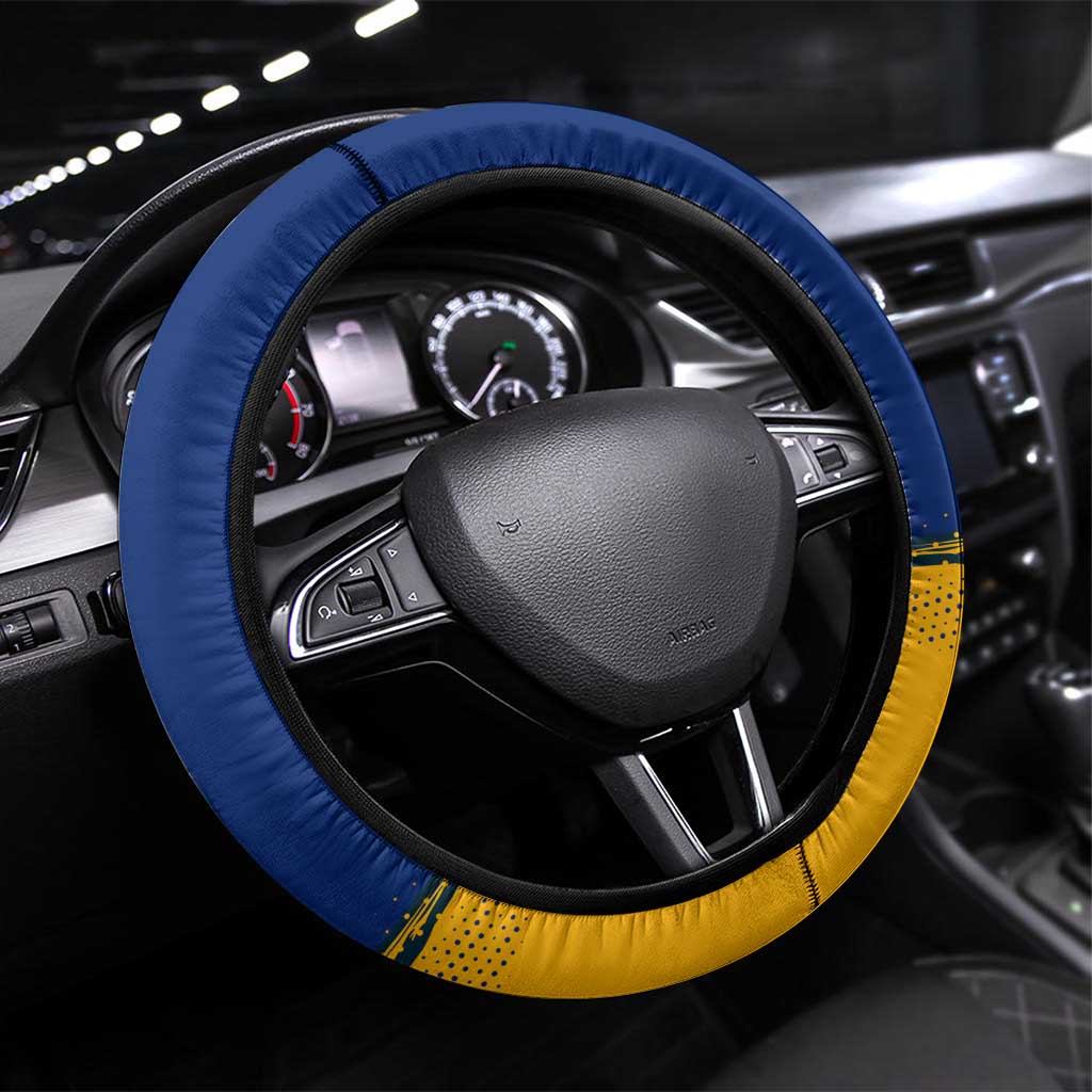 Barbados Trident and Coat of Arms Steering Wheel Cover with Blue Yellow Patriotic Graphic - Wonder Print Shop