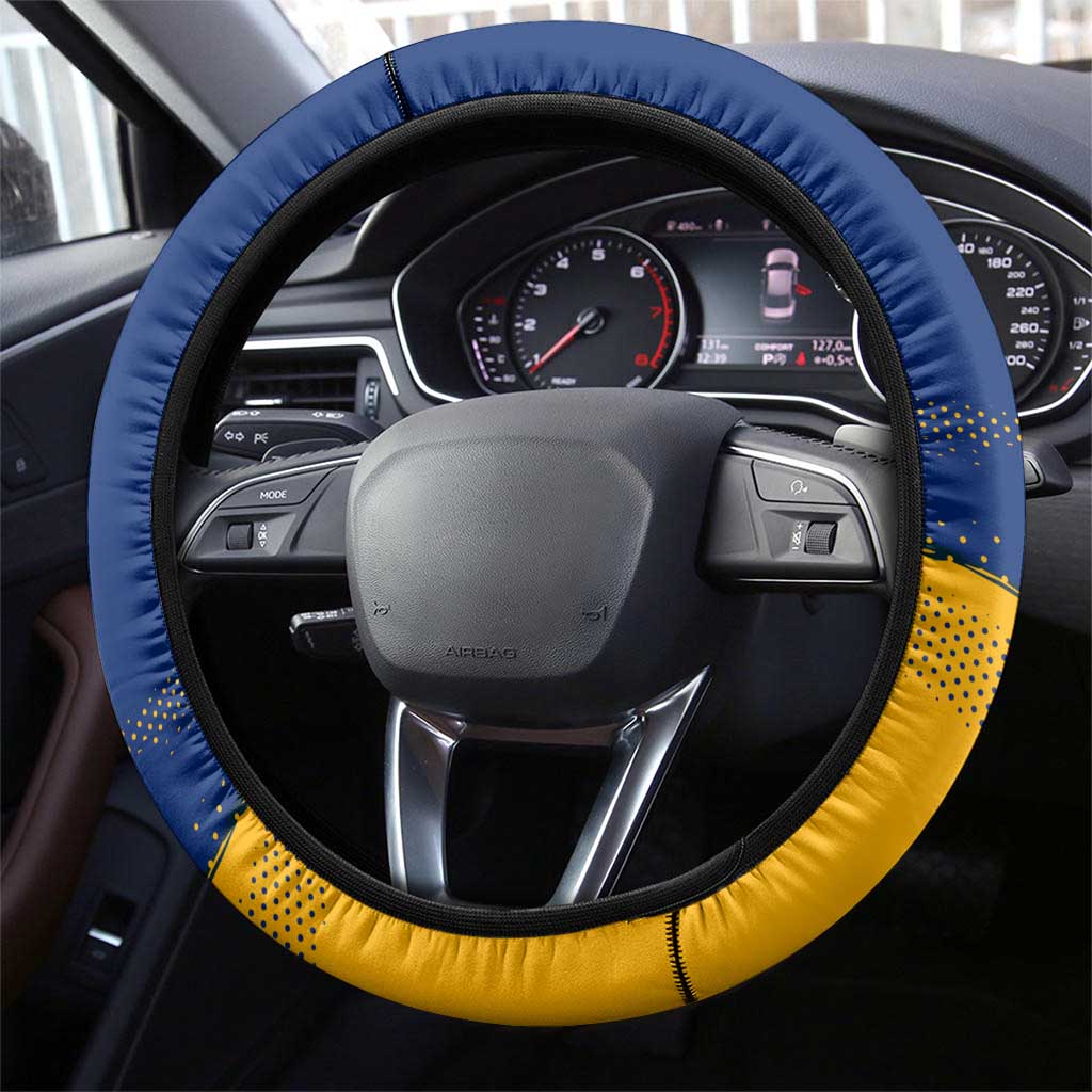 Barbados Trident and Coat of Arms Steering Wheel Cover with Blue Yellow Patriotic Graphic - Wonder Print Shop