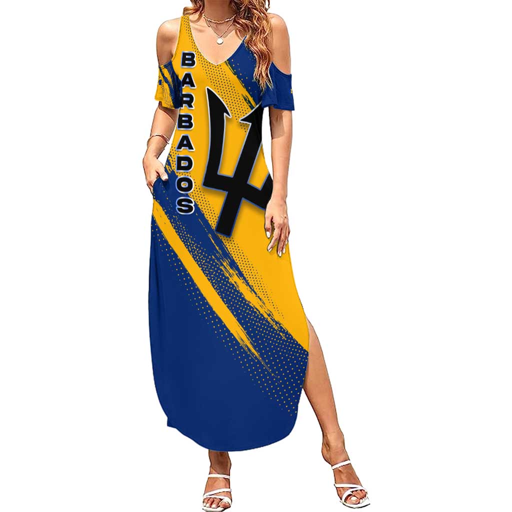 Barbados Trident and Coat of Arms Summer Maxi Dress with Blue Yellow Patriotic Graphic - Wonder Print Shop