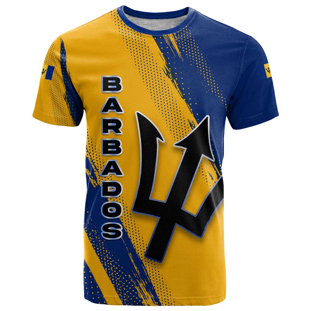 Barbados Trident and Coat of Arms T Shirt with Blue Yellow Patriotic Graphic - Wonder Print Shop