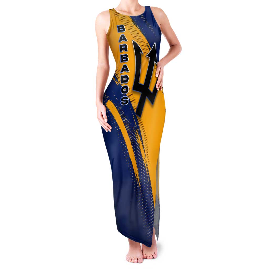 Barbados Trident and Coat of Arms Tank Maxi Dress with Blue Yellow Patriotic Graphic - Wonder Print Shop