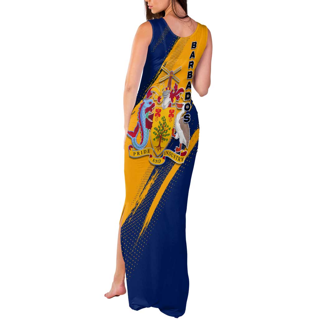 Barbados Trident and Coat of Arms Tank Maxi Dress with Blue Yellow Patriotic Graphic - Wonder Print Shop