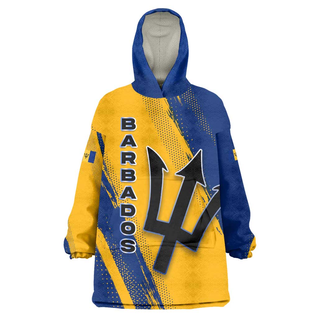 Barbados Trident and Coat of Arms Wearable Blanket Hoodie with Blue Yellow Patriotic Graphic - Wonder Print Shop